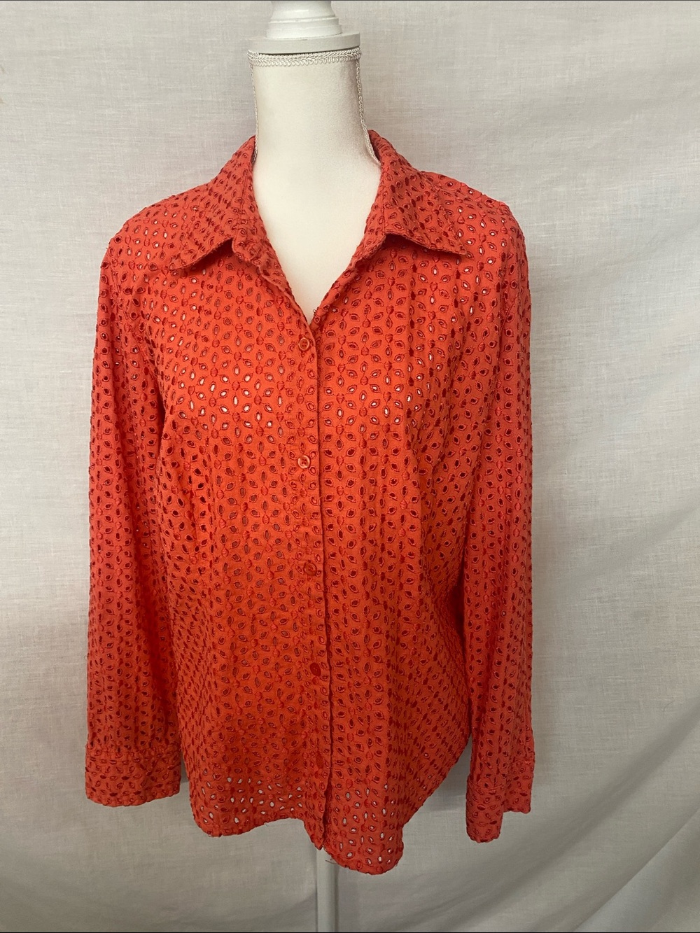 Eyelet Button-Down Shirt in Bright Orange